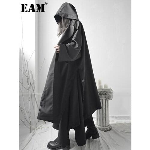 [EAM] Loose Fit Black Vent Split Joint Big Size Long Jacket New Hooded Long Sleeve Women Coat Fashion Tide Spring 2021 1S662