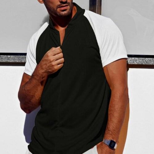 Men T-shirt Casual Fashion Color Block Patchwork Loose Summer Stand Collar Short Sleeve Top Dating Tee T-Shirt футболка