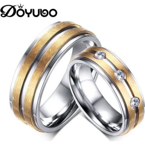 DOYUBO High Quality Titanium Steel Lovers Cubic Zircon Rings Engraved Logo Couples New Fashion Wire drawing Finger Rings DF029