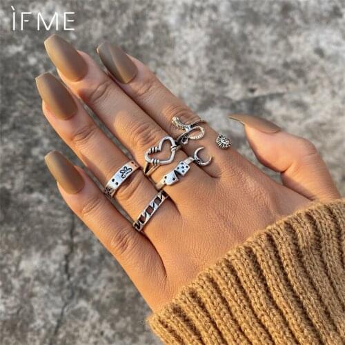 IF ME Retro Vintage Silver Color Snake Crown Chain Finger Rings Set for Women Girl Ethnic Flower Sun Knuckle Ring Set Jewelry