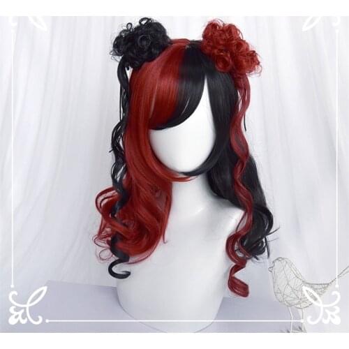 CosplayMix 4 Style 55-70 CM Lolita Long Curly Bangs Black White Red Half Ombre Cute Japan Synthetic Party Cosplay Wig+Cap