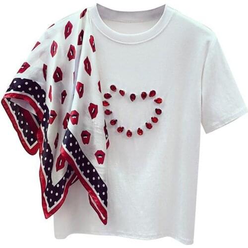 Summer Girls Ladies New Loose Love Print Scarf Beaded Short Sleeve T-Shirt for Students White Tees Tops Female Clothes