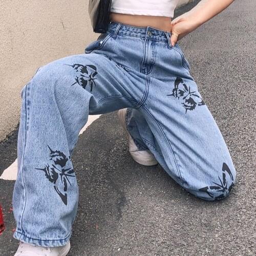 New Streetwear Vintage cyber y2k Baggy Flare Jeans Jogger Women Patchwork Butterfly Print Denim Sweatpants Harajuku Trousers 90s