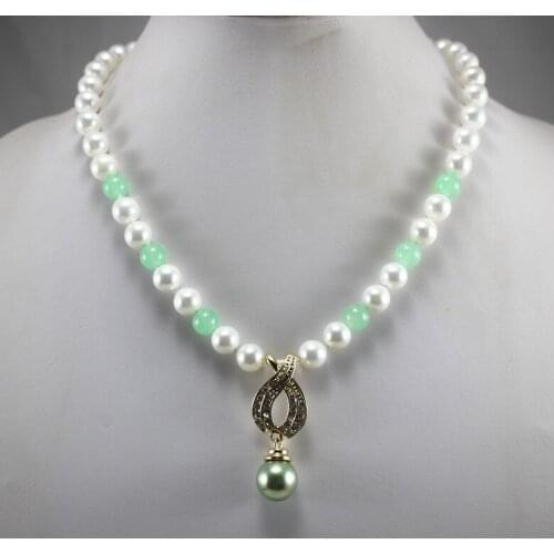 Wholesales/retail simple 8mm white pearl mixed green natural stone necklace+14mm pearl pendant gift, 18 inches