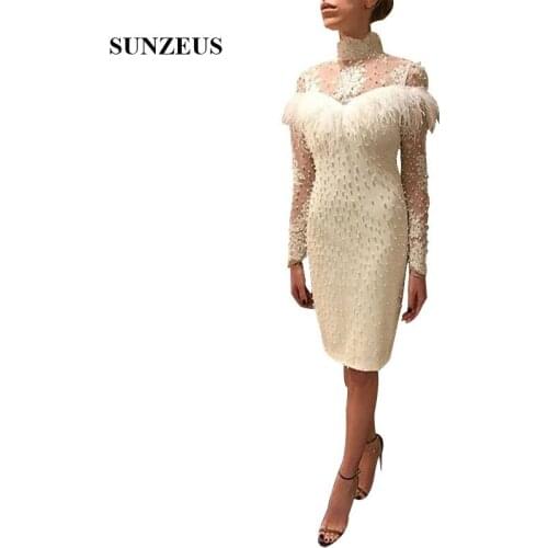 Appliques High Neck Long Sleeves Prom Dresses Sheath Knee Length Pearls Party Gowns With Feathers