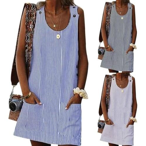 Casual Women Summer Plus Size Striped Loose Sleeveless Mini Dress with Pockets
