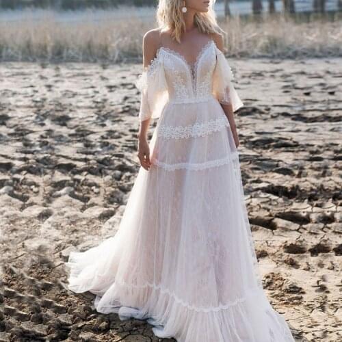 Vestidos de boda 2020 New Style Spaghetti Straps Lace A-line Wedding Dresses Cross Back Sweep Train Bridal Gowns For Women