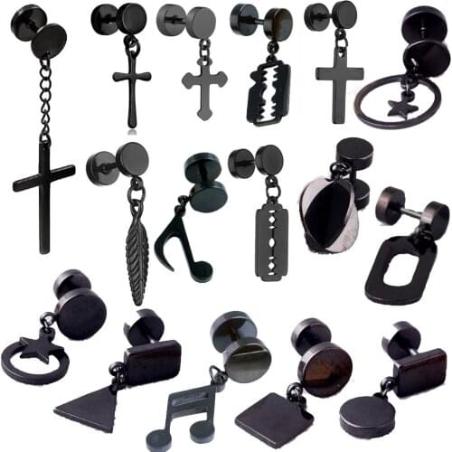 1 Piece Punk Gothic Stainless Steel Stud Earring Cross/Blade/Leaf Round Fake Ear Taper Dumbbell Fashion Women Men Rock Jewelry
