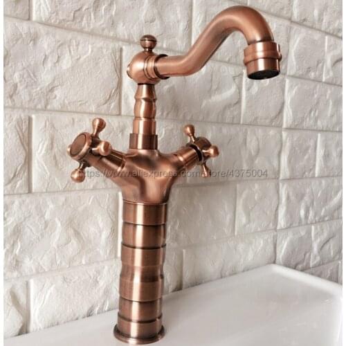 Basin Faucets Antique Red Copper Bathroom Sink Faucet 360 Degree Swivel Spout Double Cross Handle Bath Mixer Taps Nrg056