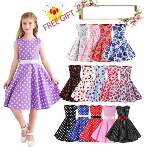 Polka Dot Vintage Kids Midi Party Casual Strawberry Flower Summer Children Girls Fille Dress Vestidos Longue De Verano Robe