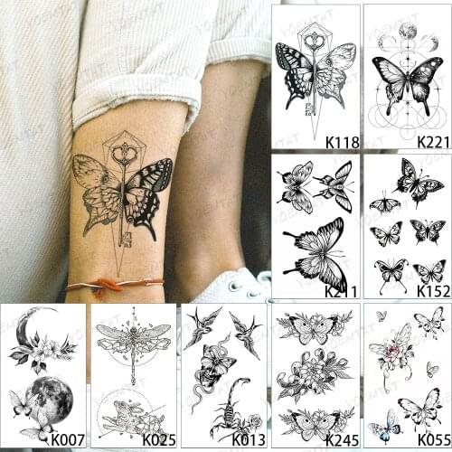 9pcs/lot Waterproof Temporary Tattoo Sticker Dark Butterfly Flash Tatoo Woman Kids Children Ankle Wrist Body Art Fake Tatto Men