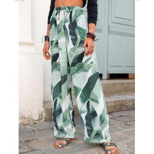 Women Leaf Print Long Pant 2021 Summer Bohemian Holiday Style Thin Section Loose Wide-Leg Pant Fashion Casual Trousers Outfit