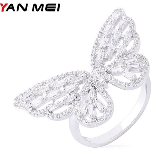 YANMEI Hollow Cubic Zirconia Butterfly Rings For Women Crystal Insect Female Rings Fashion Jewelry YMJ1810