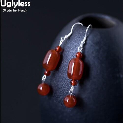 Uglyless 100% Real 925 Sterling Silver Handmade Gemstones Brincos for Women Agate Balls Dangle Earrings Ethnic Vintage Brincos