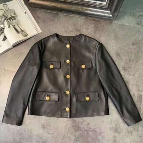 2021 Arrival New Women Coat Spring Short Length Import Genuine Leather Jacket O-Neck Collar Female Clothing Long Sleeves