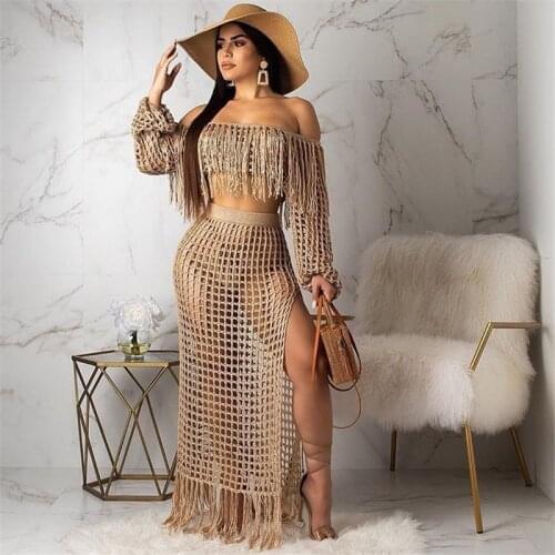 Women Tassels Summer Beach Dress Long Sleeve Off Shoulder Maxi Dress Clubwear Mesh Hollow Out High Slit Night Club Party Dress
