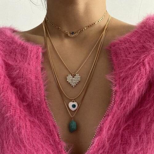2020 New Multilayer Necklace for Women Long Chain Turkish Eye Pendant Necklaces Trendy Crystal Heart Natural Stone Necklaces