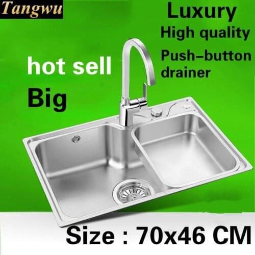 Free shipping Apartment luxury push button drainer kitchen single trough sink high quality 304 stainless steel hot sell 70x46 CM