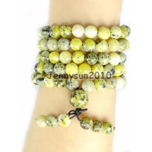 Natural Yellow Tur-quoise 8mm Gem Stone Buddhist 108 Beads Prayer Mala Multi-Purpose Stretchy Bracelet Necklace 2Strands/Pack