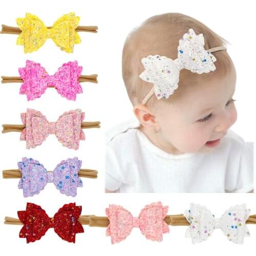 Nishine Children Three Layer Bow Tie Headband Sequin Bows Shining Nylon Elastic Hair Bands Cute Baby Girls Hair Accessories