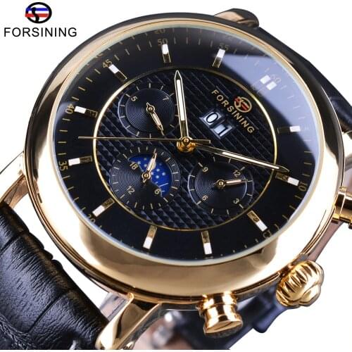 Forsining Luxury Moonphase Calendar Display Unique Design Crown Genuine Leather Shanghai Movement Men Automatic Watch Top Brand