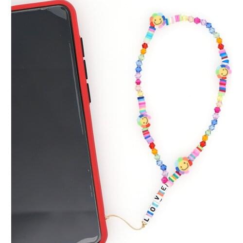 Go2Boho Phone Chain Strap Beads Holder 2021 Summer Heishi Colorful Crystal Chains Smiley Face Lanyard LOVE Letter Accessories