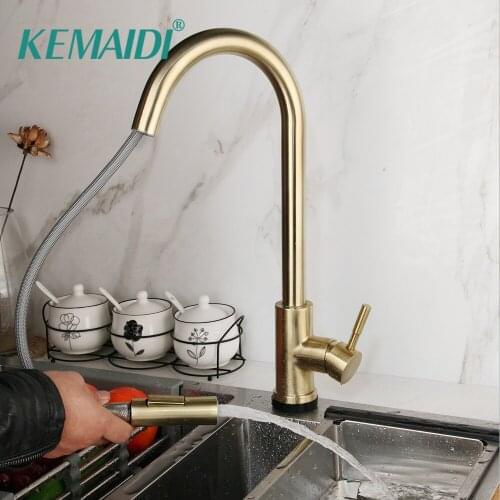 KEMAIDI Pull Out Solid Faucet 360 Swivel Sprayer Kitchen Water Mixer Nickel Brush Golden Swivel Roated Kitchen Basin Sink Tap