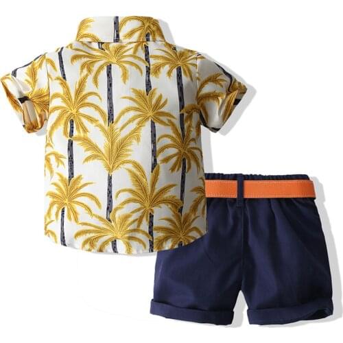 Newest 3 Pieces Kids Suit Set Coconut Tree Print Lapel Collar Short Sleeve Tops+Solid Color Shorts+Waistband for Boys