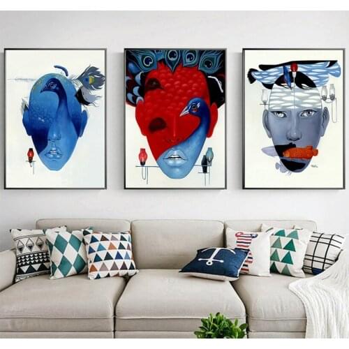 Colorful Wall Art Posters Canvas Paintings Woman Face Peacock and Fish Animal Home Decor Pictures For Living Room Decoration