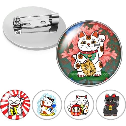 Love Cat Maneki Neko Lucky Cat Glass cabochon Brooch Dome Photo Jewelry Brooches Pin Men Woman Gift