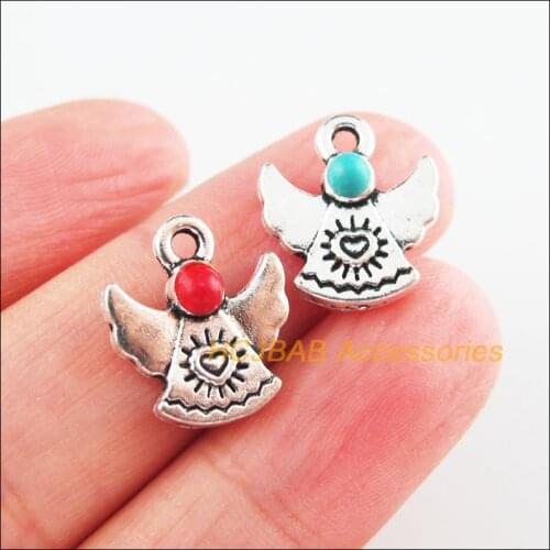 15Pcs Tibetan Silver Tone Flower Red & Blue Stone Heart Angel Charms Pendants 13.5x15mm