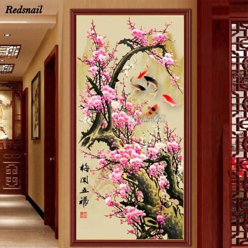 Full square diamond painting plum Nine fish Landscape embroidery round diamond mosaic large paintings wall stickers EE1195