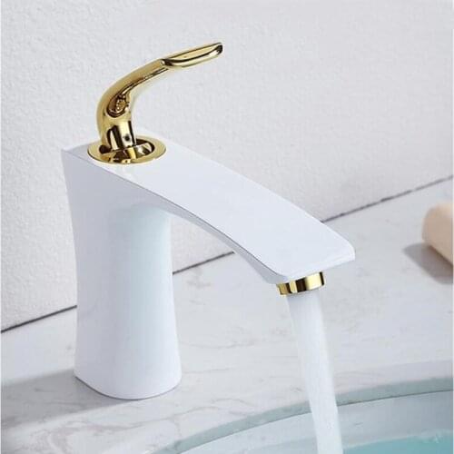 Basin Faucets Gold and White Brass Bathroom Sink Faucets Single Handle Hot and Cold Wash Mixer Water Tap Lavatory Water Mixer