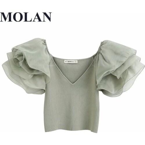 Summer Knit Crop Top Elegant Organza Sleeve Cropped Knitt Vintage Back Bow Tied Ruffle Female Shirts Chic Tops