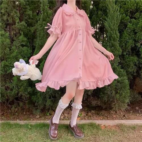 Lolita Style Summer Womens Dress Kawaii Edible Tree Fungus Ball Gown Dress Peter Pan Collar Bandage Puff Sleeve Dresses