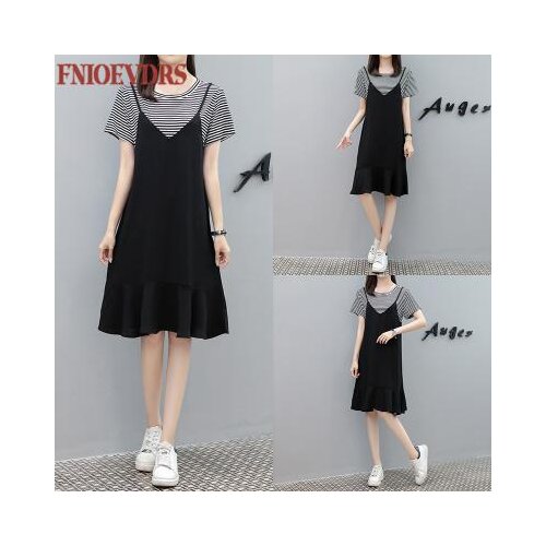 Women Plus Size Loose Dress Faux Two Piece Striped Casual Dresses 2020