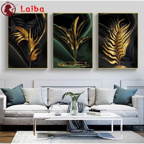 Diamond Painting Nordic golden and green leaves Diamond Embroidery Mosaic Gift Home Decor Needlework Picture Of Rhinestones3pcs