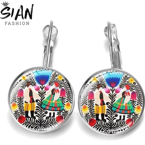 SIAN Modern Paper-cut Element Floral Earring Bohemia Style Polish Folk Art Pictures Glass Round Dangle Earrings for Women Party