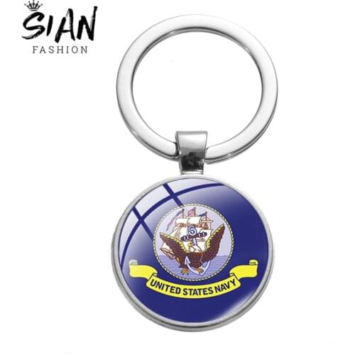SIAN United States Navy Symbol Badge Keychain USMC USAF Department Glass Patterns Honor Pendant Silver Plated Key Chain for Men
