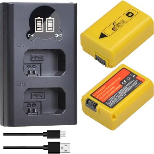 2160mAh NP FW50 NPFW50 NP-FW50 Battery + LED USB Dual Charger for Sony A6000 A6500 A6300 A7 A7II A7RII A7SII A7S A7S2