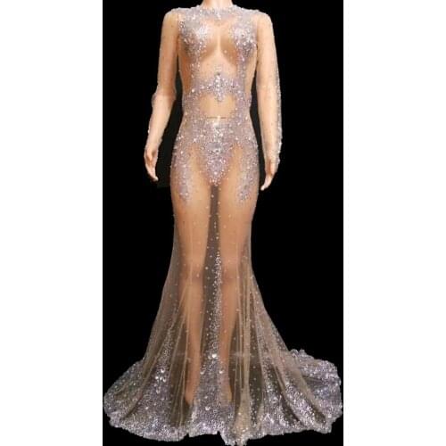 Sparkly Crystals Mesh Transparent Long Tail Dress Super Luxurious Rhinestones Backless Dresses Evening Wedding Celebrity Outfit
