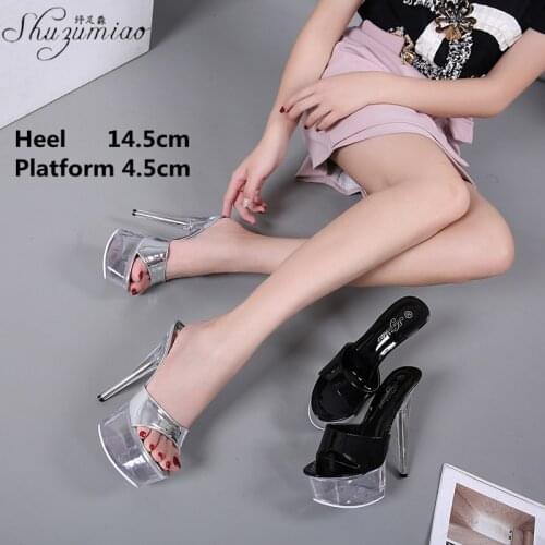 Large Size Ladies Walking Show Striptease Clear Crystal Womens Shoes Transparent Platforms 15 CM Super High Heel Model Slipper