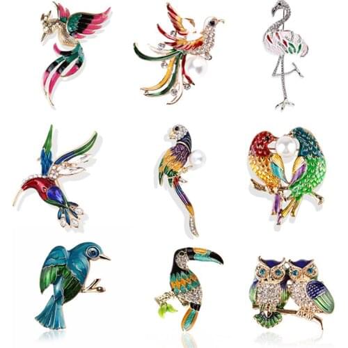 Crystal Bird Brooch Flamingo Phoenix Mandarin Duck Women Enamel Owl Animal Breastpin Pin Jewelry Accessories