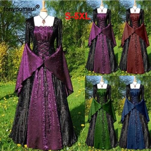 Halloween Women Medieval Renaissance Vintage Fairy Elf Costume Royal Court Pagan Lace Up Celtic Dress Female Maxi Gown Outfit