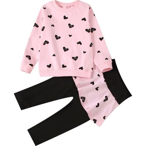 Kids Girls Cotton Casual Sport Suit Round Neck Long Sleeve Cartoon Heart Print Sweatshirt Elastic Waist Skirt Attached Pants Set