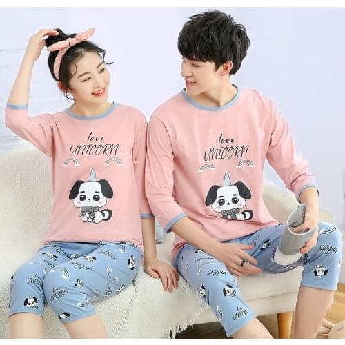 Summer Women Pajama Sets Cotton Couple Pajamas 2pcs Tshirt Pants Sleepwear Pajamas for Mens Women Pyjamas Sets Pijamas Home Wear