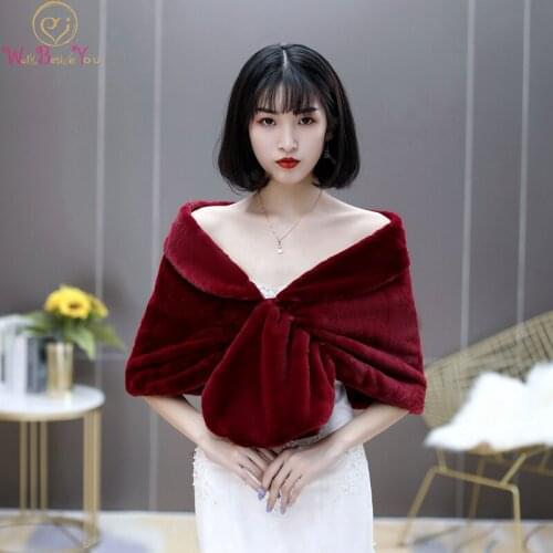Walk Beside You Faux Fur Wedding Party Wrap Burgundy Women Jacket with Collar Stole Cape Fur Bolero Marrige Bridal Shawl