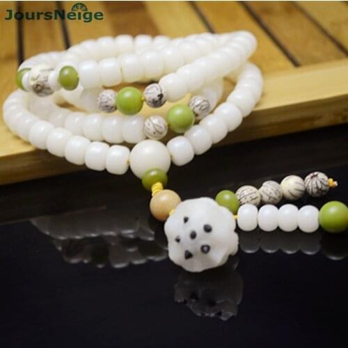 Natural White Bodhi Seed Bracelets Carved Lotus Flower Root Pendant Necklace Buddha Prayer Mala Tibetan Buddhism Jewelry