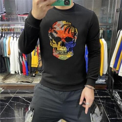Autumn And Winter Fashion Round Neck Leisure Warm High Quality Skull Rhinestone Mens Hoodie Slim Fit Sweatshirt