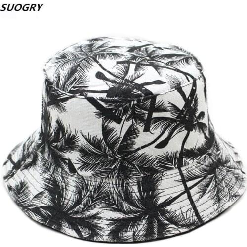 2018 Two Side Reversible Coconut Tree Bucket Hat Unisex Printing Hip Hop Hat For Women Men Panama Cap Summer Fisherman Hat